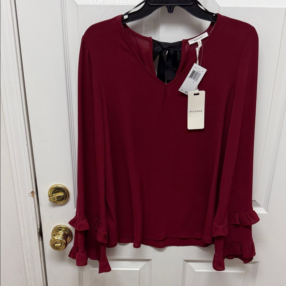 Pleione Women's Deep Red Ruffle Sleeve Blouse